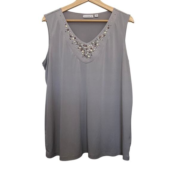 Susan Graver Top 1X Gray Sleeveless Jeweled Neckline Sequin Mature Artsy - Picture 1 of 6
